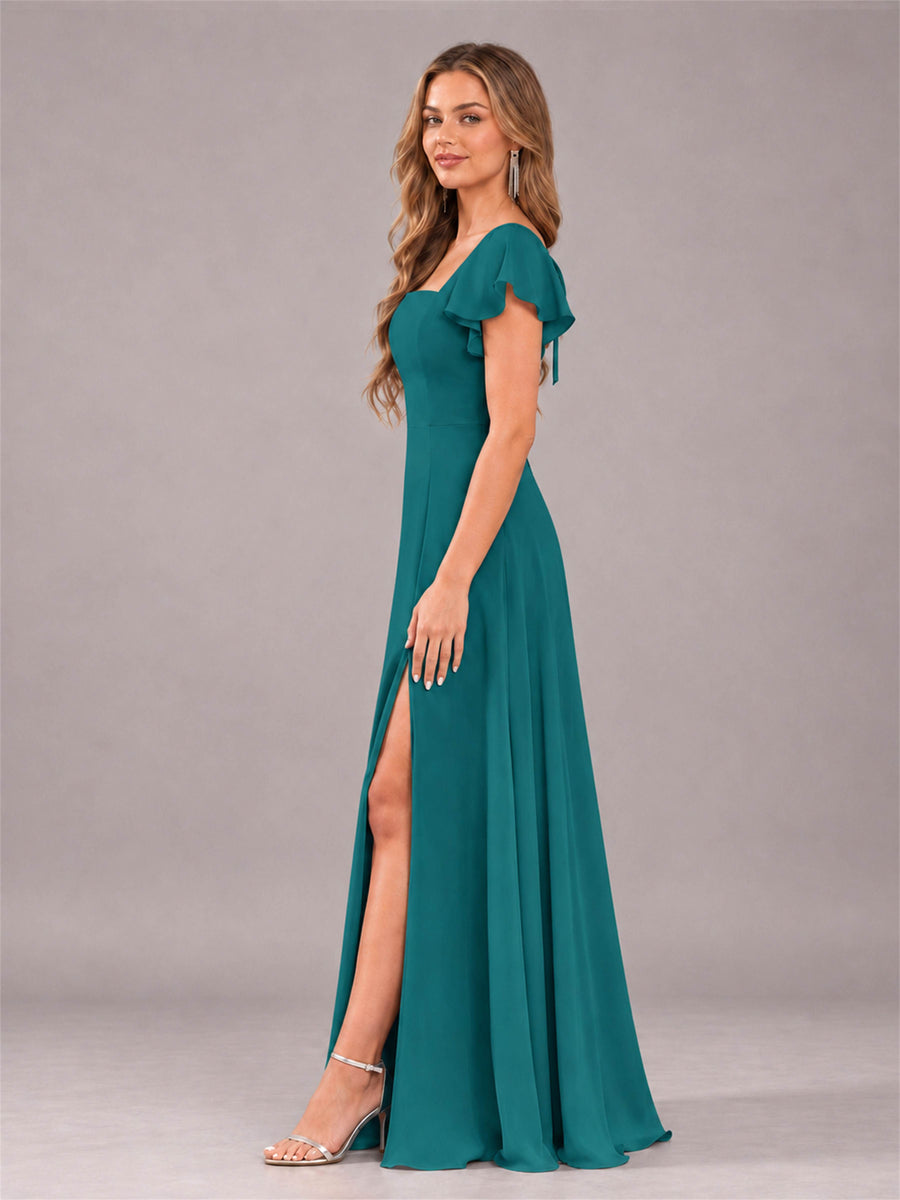 Teal Modern Square Neck Cap Sleeves Lace Up Chiffon Bridesmaid Dress