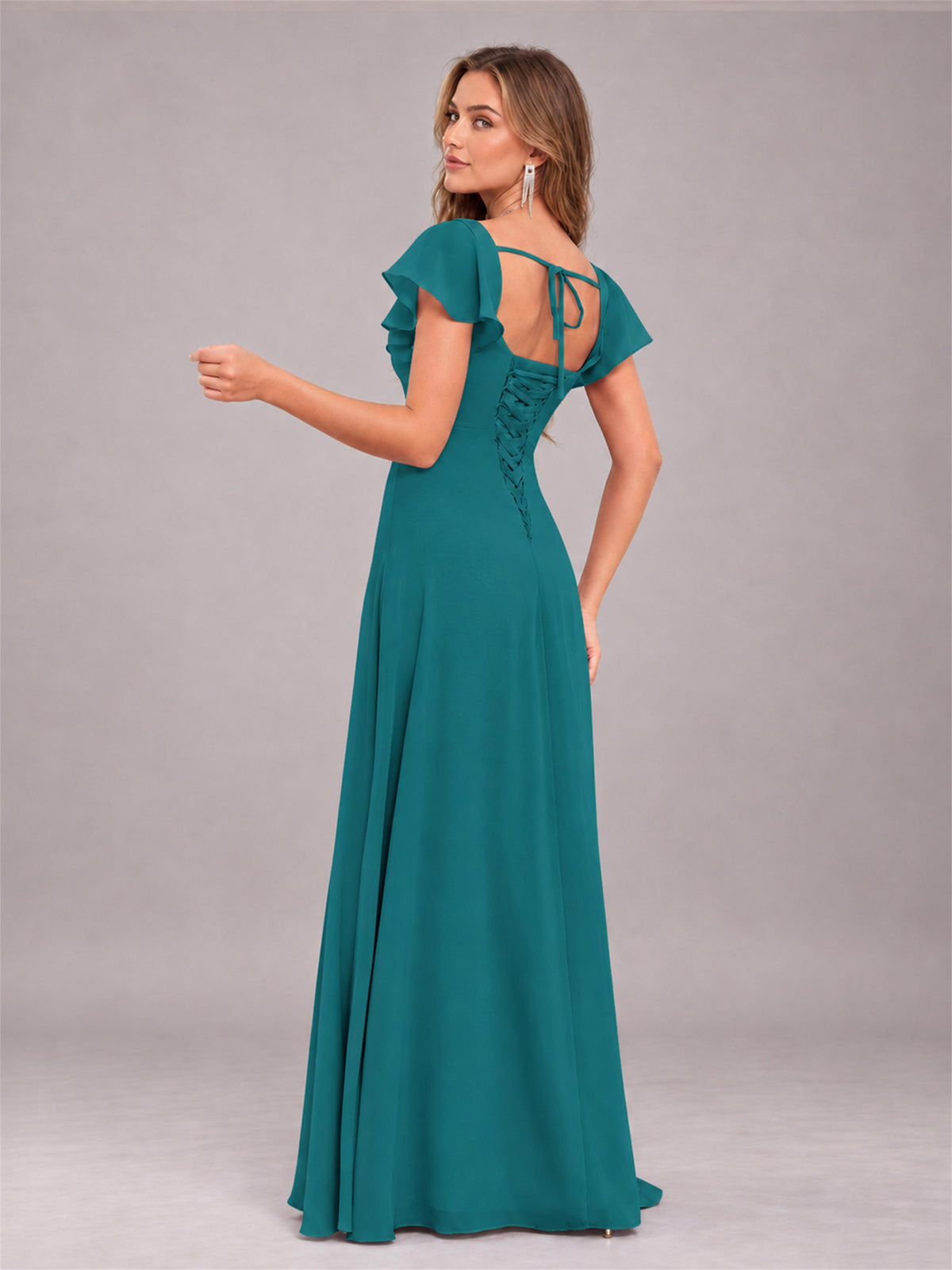 Teal Modern Square Neck Cap Sleeves Lace Up Chiffon Bridesmaid Dress