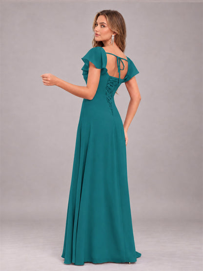 Teal Modern Square Neck Cap Sleeves Lace Up Chiffon Bridesmaid Dress