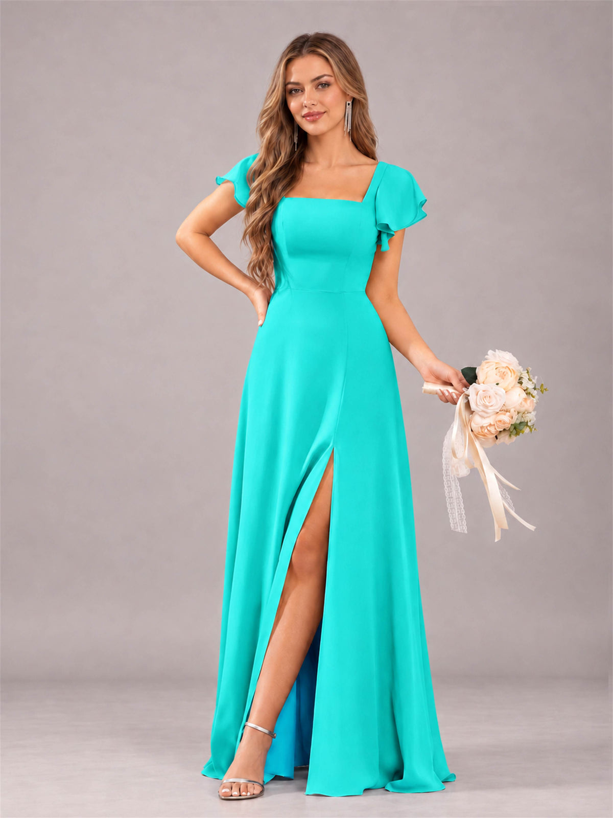 Turquoise Modern Square Neck Cap Sleeves Lace Up Chiffon Bridesmaid Dress