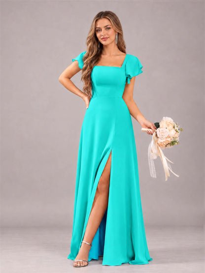 Turquoise Modern Square Neck Cap Sleeves Lace Up Chiffon Bridesmaid Dress