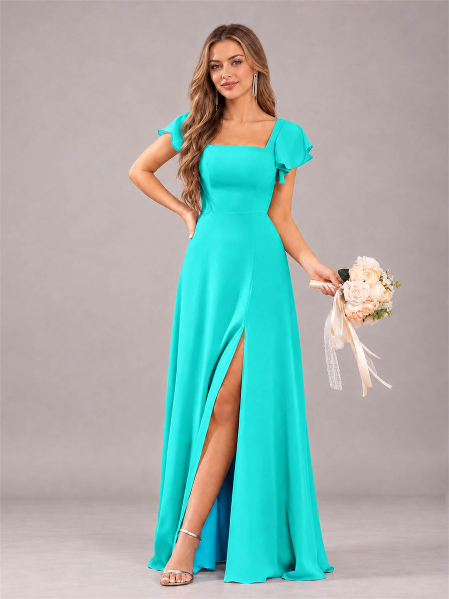 Turquoise Modern Square Neck Cap Sleeves Lace Up Chiffon Bridesmaid Dress