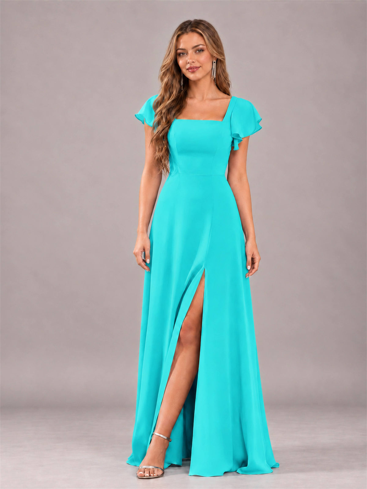 Turquoise Modern Square Neck Cap Sleeves Lace Up Chiffon Bridesmaid Dress