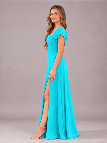 Turquoise Modern Square Neck Cap Sleeves Lace Up Chiffon Bridesmaid Dress
