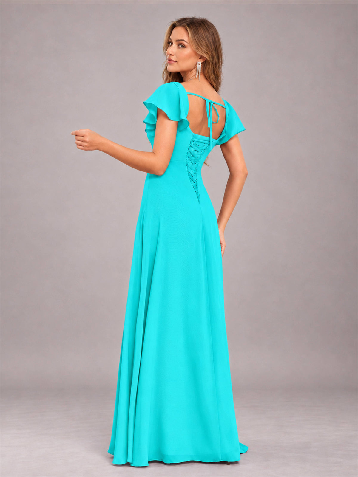 Turquoise Modern Square Neck Cap Sleeves Lace Up Chiffon Bridesmaid Dress