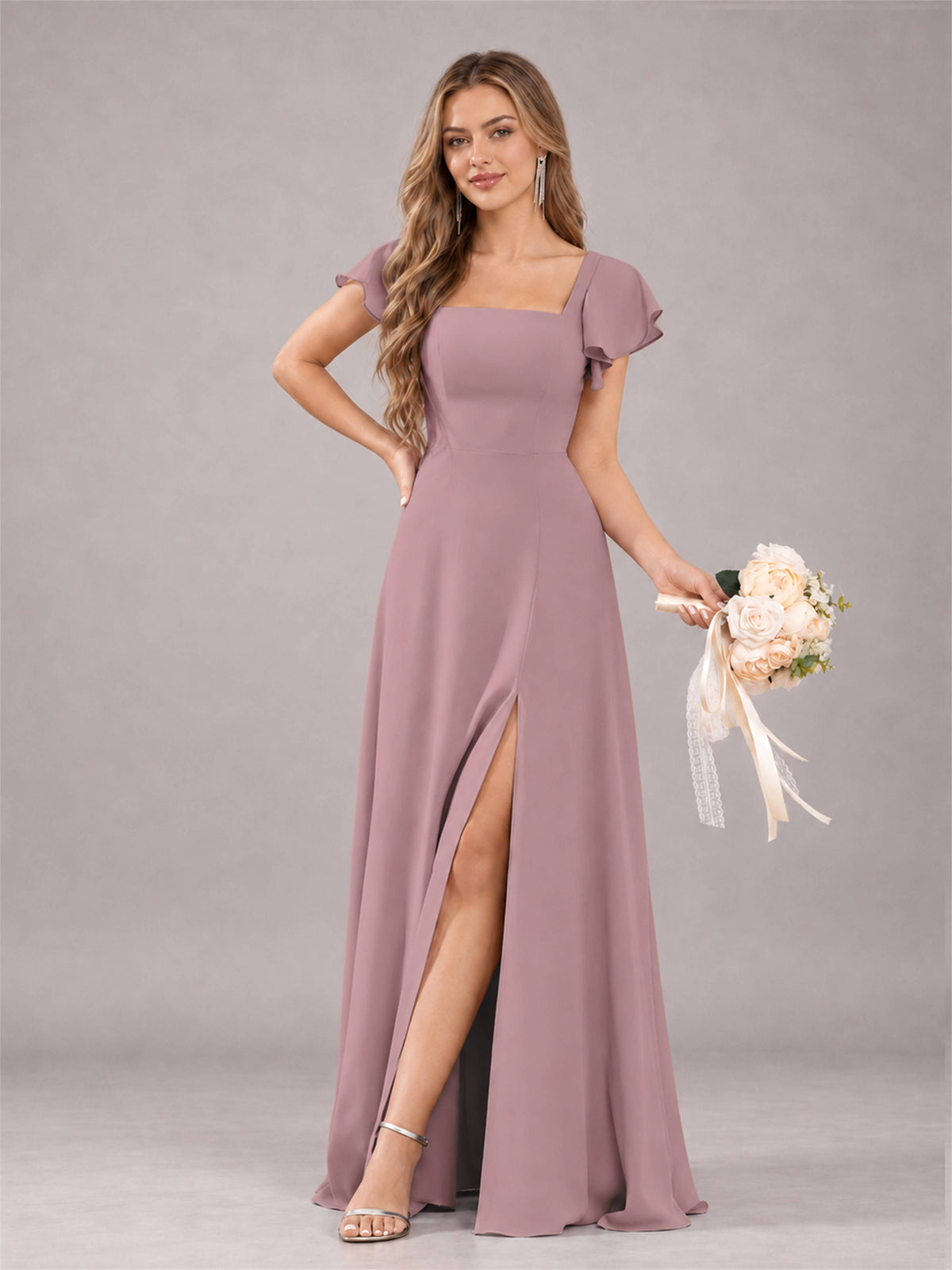 Vintage Mauve Modern Square Neck Cap Sleeves Lace Up Chiffon Bridesmaid Dress