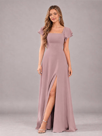 Vintage Mauve Modern Square Neck Cap Sleeves Lace Up Chiffon Bridesmaid Dress