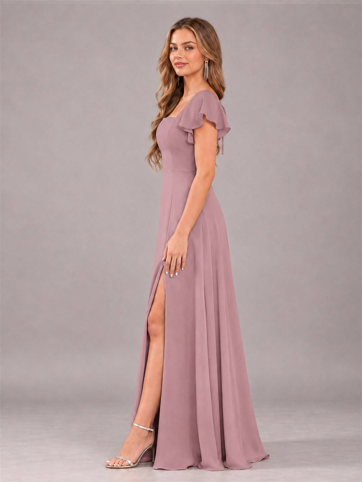 Vintage Mauve Modern Square Neck Cap Sleeves Lace Up Chiffon Bridesmaid Dress