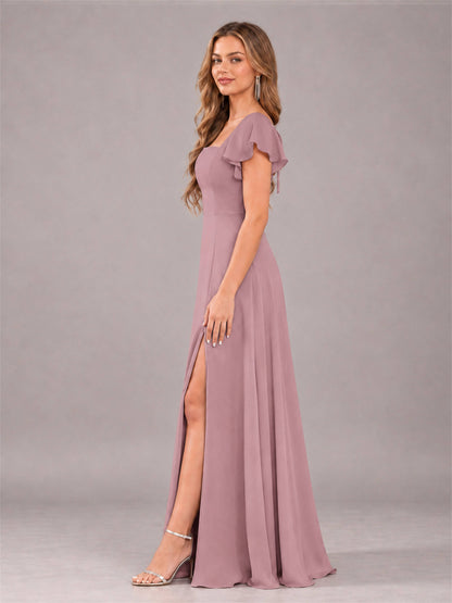 Vintage Mauve Modern Square Neck Cap Sleeves Lace Up Chiffon Bridesmaid Dress
