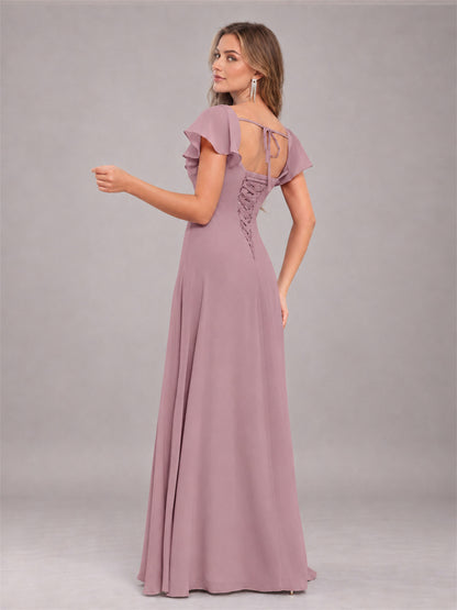 Vintage Mauve Modern Square Neck Cap Sleeves Lace Up Chiffon Bridesmaid Dress
