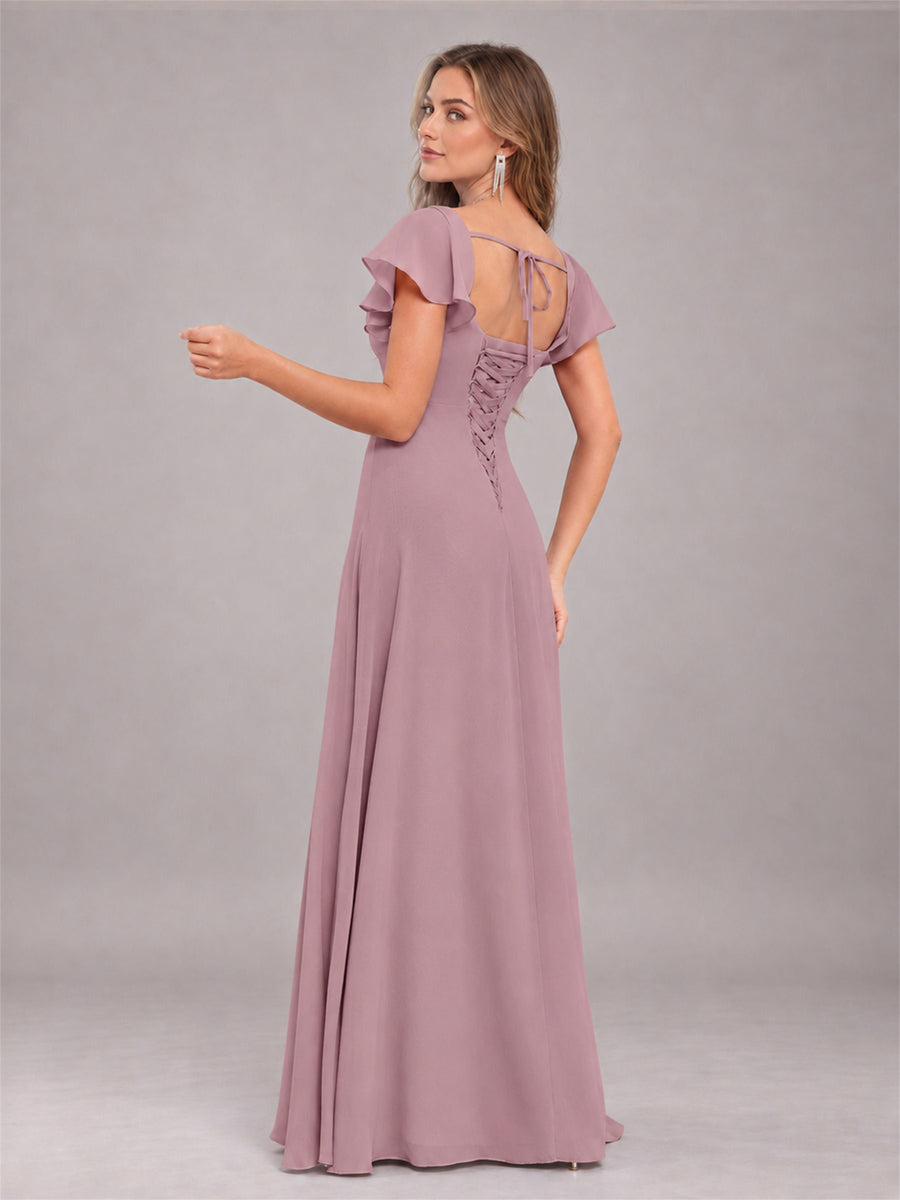 Vintage Mauve Modern Square Neck Cap Sleeves Lace Up Chiffon Bridesmaid Dress