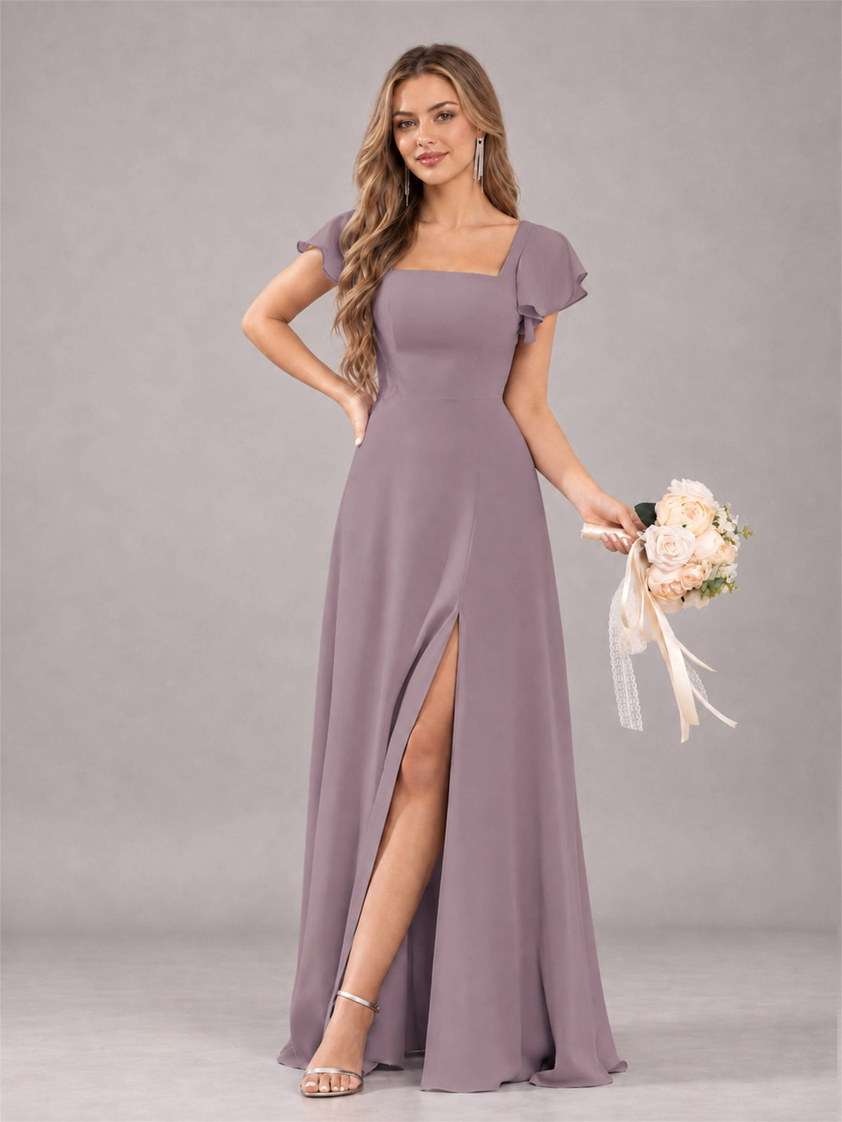 Wisteria Modern Square Neck Cap Sleeves Lace Up Chiffon Bridesmaid Dress