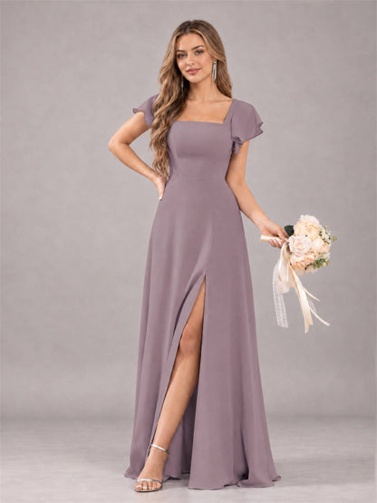 Wisteria Modern Square Neck Cap Sleeves Lace Up Chiffon Bridesmaid Dress