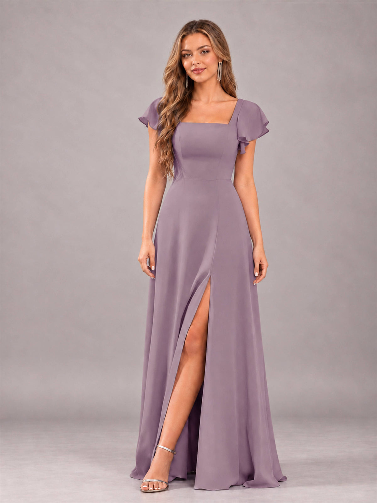 Wisteria Modern Square Neck Cap Sleeves Lace Up Chiffon Bridesmaid Dress