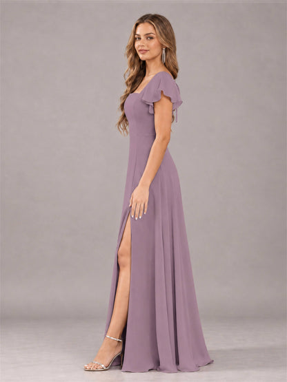 Wisteria Modern Square Neck Cap Sleeves Lace Up Chiffon Bridesmaid Dress
