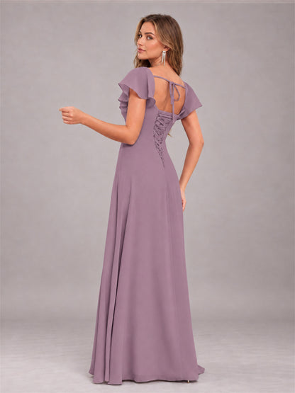 Wisteria Modern Square Neck Cap Sleeves Lace Up Chiffon Bridesmaid Dress