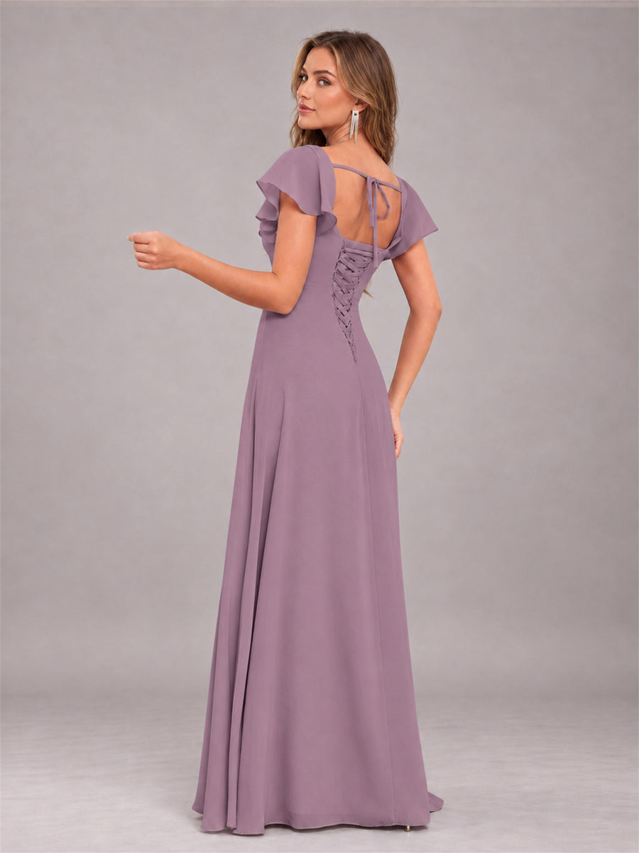 Wisteria Modern Square Neck Cap Sleeves Lace Up Chiffon Bridesmaid Dress