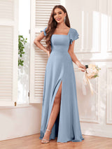 Modern Square Neck Cap Sleeves Lace Up Chiffon Bridesmaid Dresses