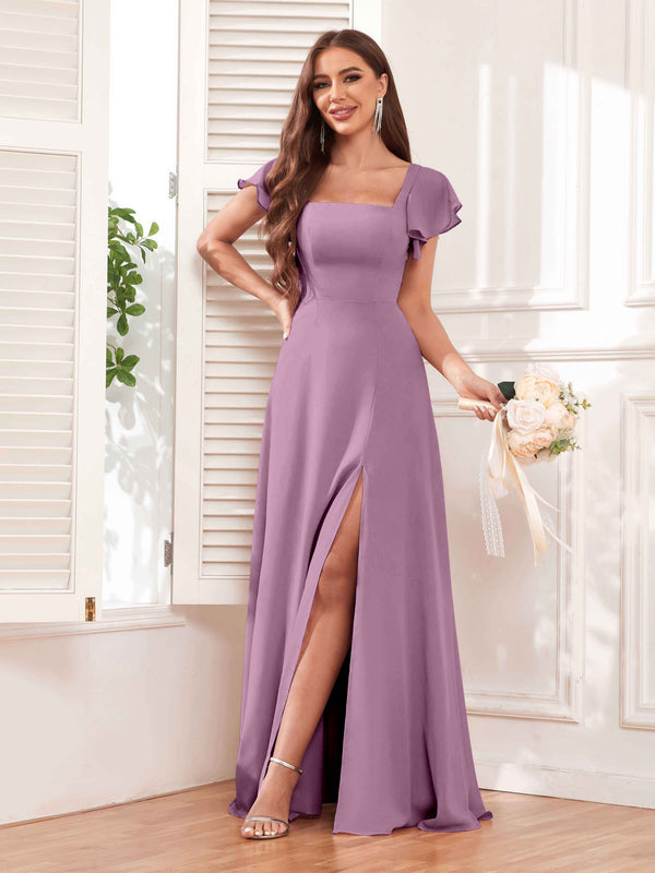 Dusty Purple Modern Square Neck Cap Sleeves Lace Up Chiffon Bridesmaid Dresses