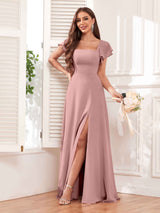 Modern Square Neck Cap Sleeves Lace Up Chiffon Bridesmaid Dresses