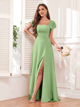 Modern Square Neck Cap Sleeves Lace Up Chiffon Bridesmaid Dresses