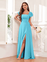 Modern Square Neck Cap Sleeves Lace Up Chiffon Bridesmaid Dresses