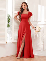 Modern Square Neck Cap Sleeves Lace Up Chiffon Bridesmaid Dresses