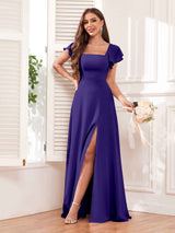Modern Square Neck Cap Sleeves Lace Up Chiffon Bridesmaid Dresses