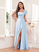 Modern Square Neck Cap Sleeves Lace Up Chiffon Bridesmaid Dresses