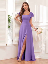 Modern Square Neck Cap Sleeves Lace Up Chiffon Bridesmaid Dresses