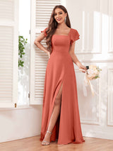 Modern Square Neck Cap Sleeves Lace Up Chiffon Bridesmaid Dresses