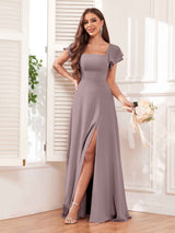 Modern Square Neck Cap Sleeves Lace Up Chiffon Bridesmaid Dresses