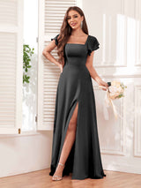 Modern Square Neck Cap Sleeves Lace Up Chiffon Bridesmaid Dresses