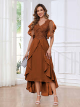 Modern V-Neck Appliques Ruffles Chiffon High Low Mother Of The Bride Dresses