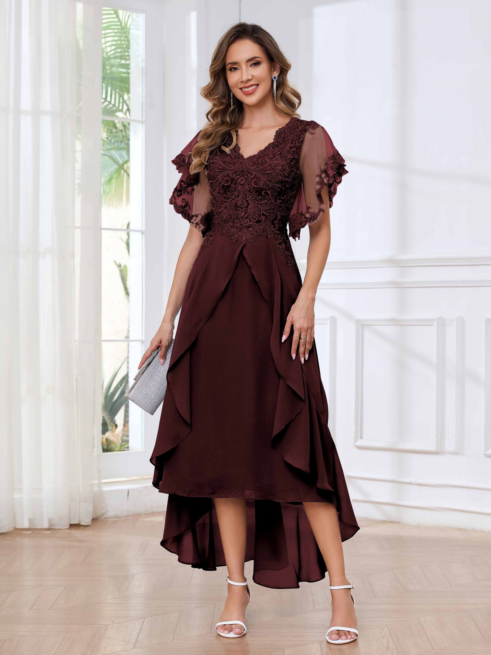 modern chiffon dresses Modern V-Neck Appliques Ruffles Chiffon High Low Mother Of The Bride D mollyevers.com