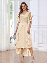 Modern V-Neck Appliques Ruffles Chiffon High Low Mother Of The Bride Dresses