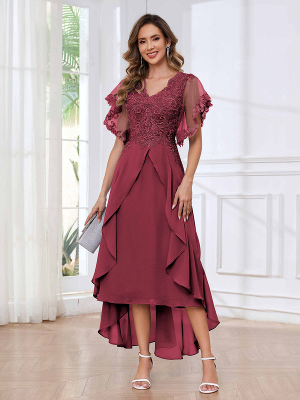 Cinnamon Rose Modern V-Neck Appliques Ruffles Chiffon High Low Mother Of The Bride Dresses