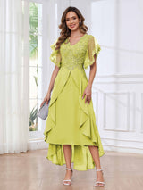 Modern V-Neck Appliques Ruffles Chiffon High Low Mother Of The Bride Dresses