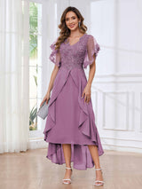 Modern V-Neck Appliques Ruffles Chiffon High Low Mother Of The Bride Dresses