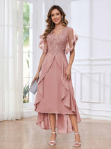 Modern V-Neck Appliques Ruffles Chiffon High Low Mother Of The Bride Dresses