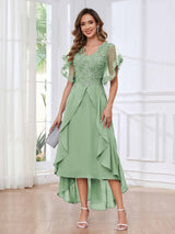 Modern V-Neck Appliques Ruffles Chiffon High Low Mother Of The Bride Dresses