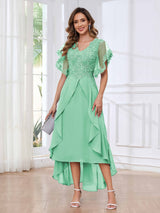 Modern V-Neck Appliques Ruffles Chiffon High Low Mother Of The Bride Dresses
