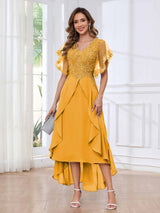 Modern V-Neck Appliques Ruffles Chiffon High Low Mother Of The Bride Dresses