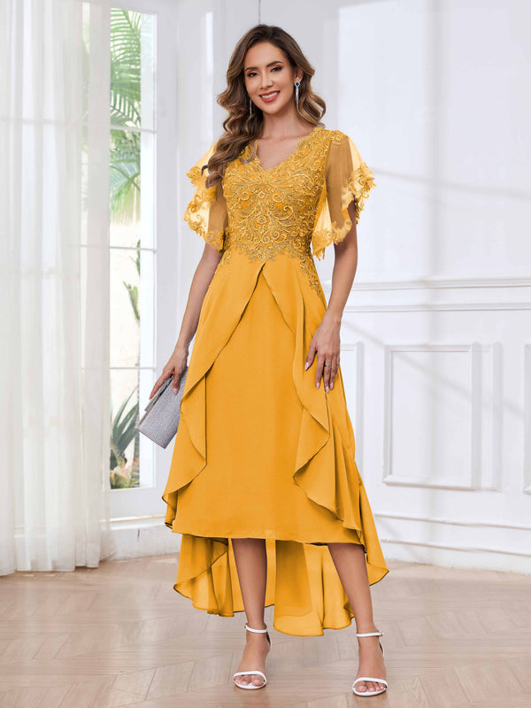 Mustard Modern V-Neck Appliques Ruffles Chiffon High Low Mother Of The Bride Dresses
