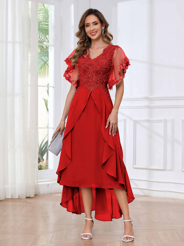 Red Modern V-Neck Appliques Ruffles Chiffon High Low Mother Of The Bride Dresses
