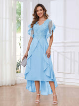 Modern V-Neck Appliques Ruffles Chiffon High Low Mother Of The Bride Dresses