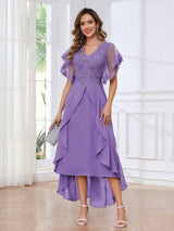 Modern V-Neck Appliques Ruffles Chiffon High Low Mother Of The Bride Dresses