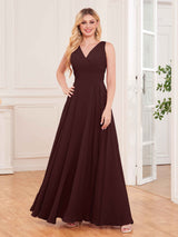 Modern V-Neck Floor Length Knot Back Chiffon Bridesmaid Dresses