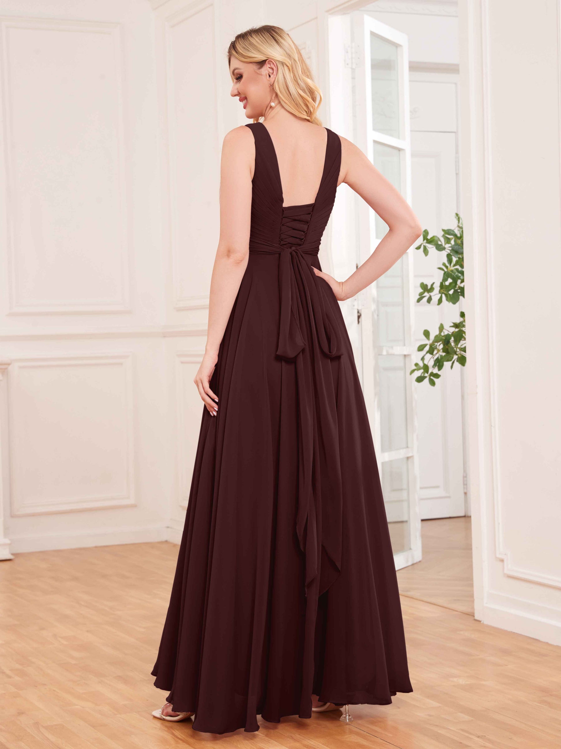 Modern V-Neck Floor Length Knot Back Chiffon Bridesmaid Dresses mollyevers.com Modern V-Neck Floor Length Knot Back Chiffon Bridesmaid Dresses mollyevers.com