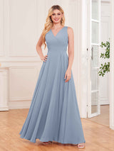 Modern V-Neck Floor Length Knot Back Chiffon Bridesmaid Dresses
